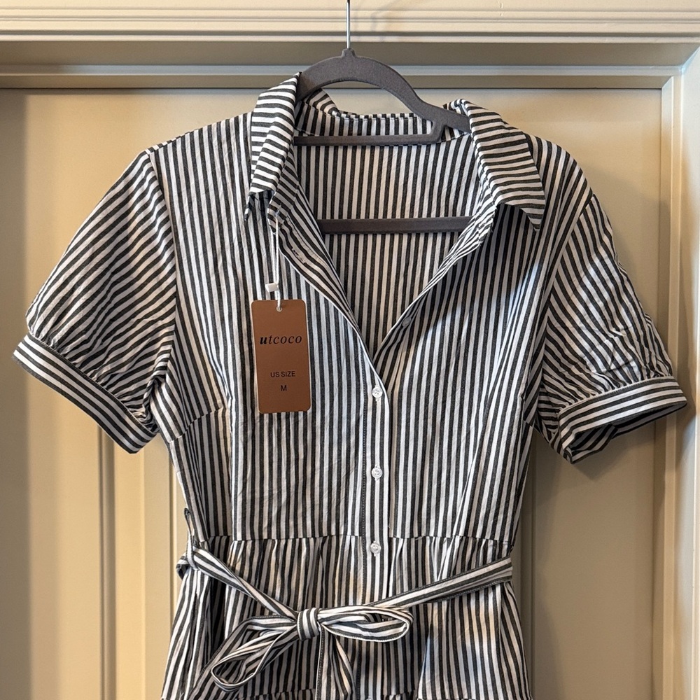 Classic Dark Grey and White Striped Maxi Dress - Picture 2 of 4